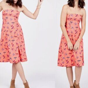 Free People Love Bird Strapless Dress Size 4 Coral Midi Sundress Pockets